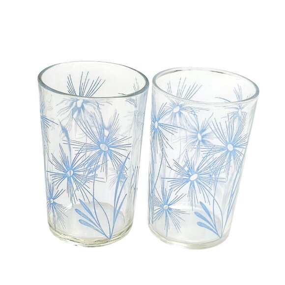 2 Swanky Swigs Blue Flower Juice Glass 6oz Midcentury spike floral wildflower MC - Picture 3 of 6